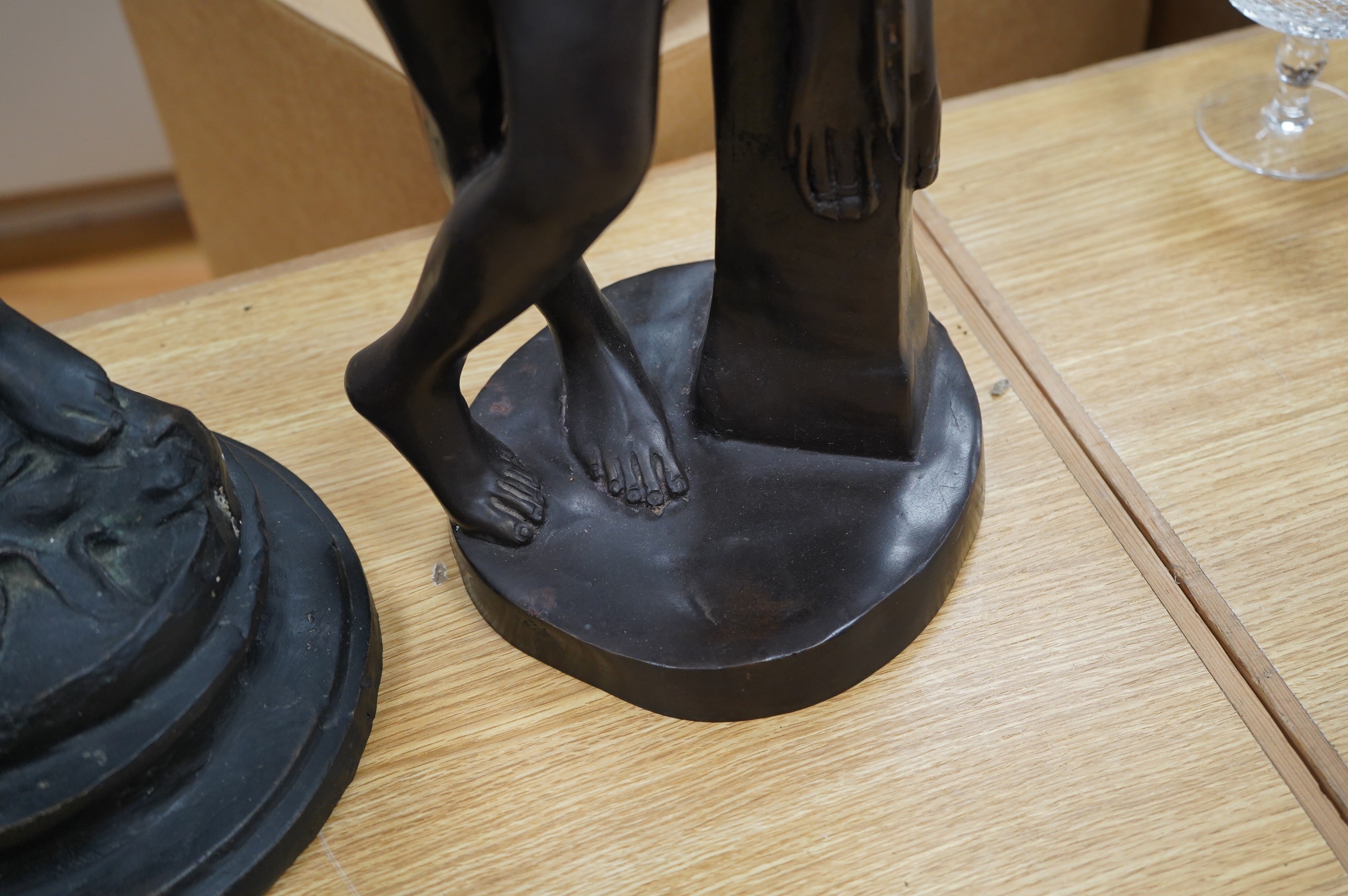 After the Antique, two spelter figures including a faun, largest 66cm high. Condition - fair